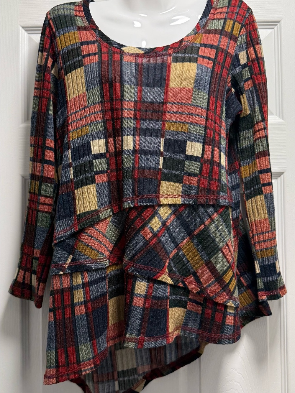 Fashque Designs Size M Multilayer Assymetrical Plaid long sleeve Red Blue Green
